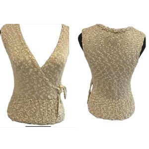 Cecile Benac Handmade Gold Knit Sleeveless Faux Wrap Sweater .